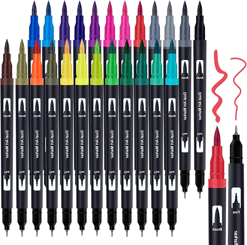 APOGO Dual Tip Brush Pens 24 Color Set for Adult Colouring Journal Calligraphy