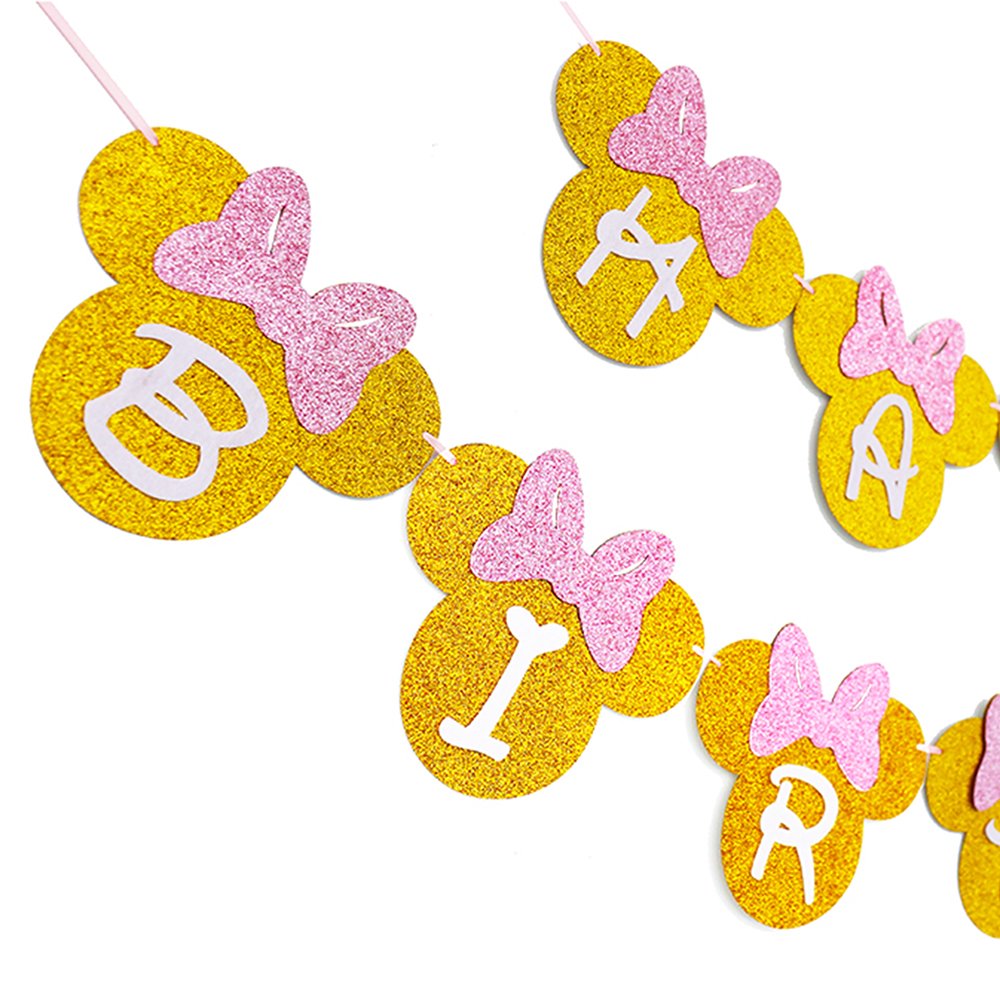 Pink And Gold Glitter Minnie Happy Birthday Banner Girls Birthday