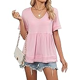 Famulily Womens V Neck Short Sleeve Shirts Lace Trim Babydoll Loose Peplum Tunic Tops
