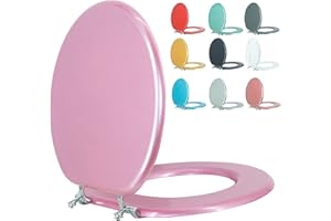 BLOFDE Round Toilet Seat Wood Toilet Seat Prevent Shifting with Zinc Alloy Hinges American Standard Size Toilet Seat Easy to Install also Easy to Clean (Round,Sparkling Pink)