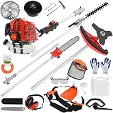 Gas Weed Eater, 52cc 2-Stroke Weed Eater Gas Powered, 5 in 1 Multi-Functional Gas Weed Wacker with Full Functioning Guard Accessories Petrol Hedge Trimmer Pole Saw Brush Cutter (Red)
