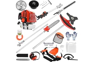 52cc Brush Cutter Gas, 5-in-1 Multi-Function Hedge Trimmer Chainsaw Strimmer with Extension Pole, 180cm Length, 2-Stroke Engi