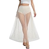 Rave Outfits for Women 2 in 1 Sheer Skirt Festival Clubwear Mesh High Waist Print A Line Maxi Skirt