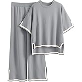 Faleave Womens Knit 2 Piece Sweater Sets Short Sleeve Pullover Tops Elastic Waist Wide Leg Pants Lounge Set