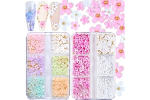 QDSUH 3D Flower Nail Charms, 2 Boxes 3D Acrylic Flower Nail Art Charms and Gems White Pink Mixed Cherry Blossom Spring Rhinestones Acrylic Nail Supplies with Pearls Manicure DIY Nail Decorations