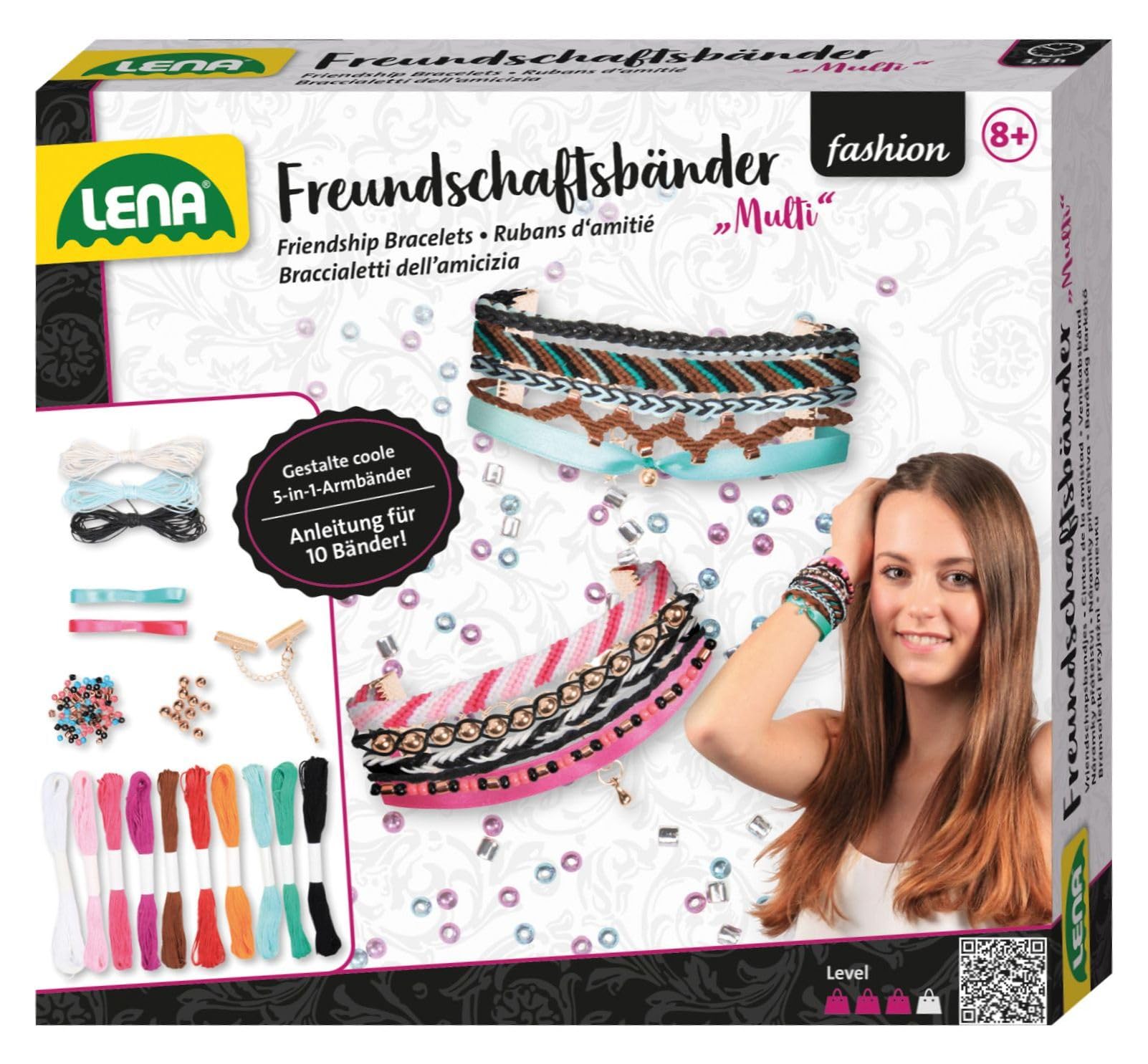 Lena 42116 - Craft set Multi Friendship Bracelets, 2 satin ribbons, 8 threads, 140 threading beads, knotting set for children from 8 years of age. Complete set with instructions for 10 bracelets