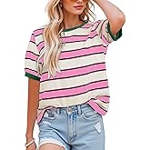NILOINE Womens Summer Tops Striped Color Block Short Sleeve T-Shirts Color Block Crewneck Casual Loose Basic Tee Blouses