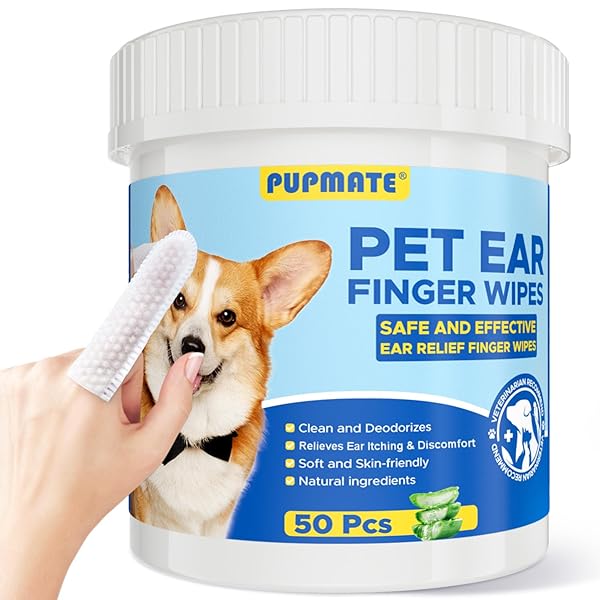 PUPMATE EAR FINGER WIPES FOR DOGS & CATS – CLEANING EARWAX & DEBRIS – RELIEVES EAR ITCHING & DISCOMFORT – FRESH ALOE SCENT – SOOTHS & REPAIR, NATURAL INGREDIENTS-50 COUNT