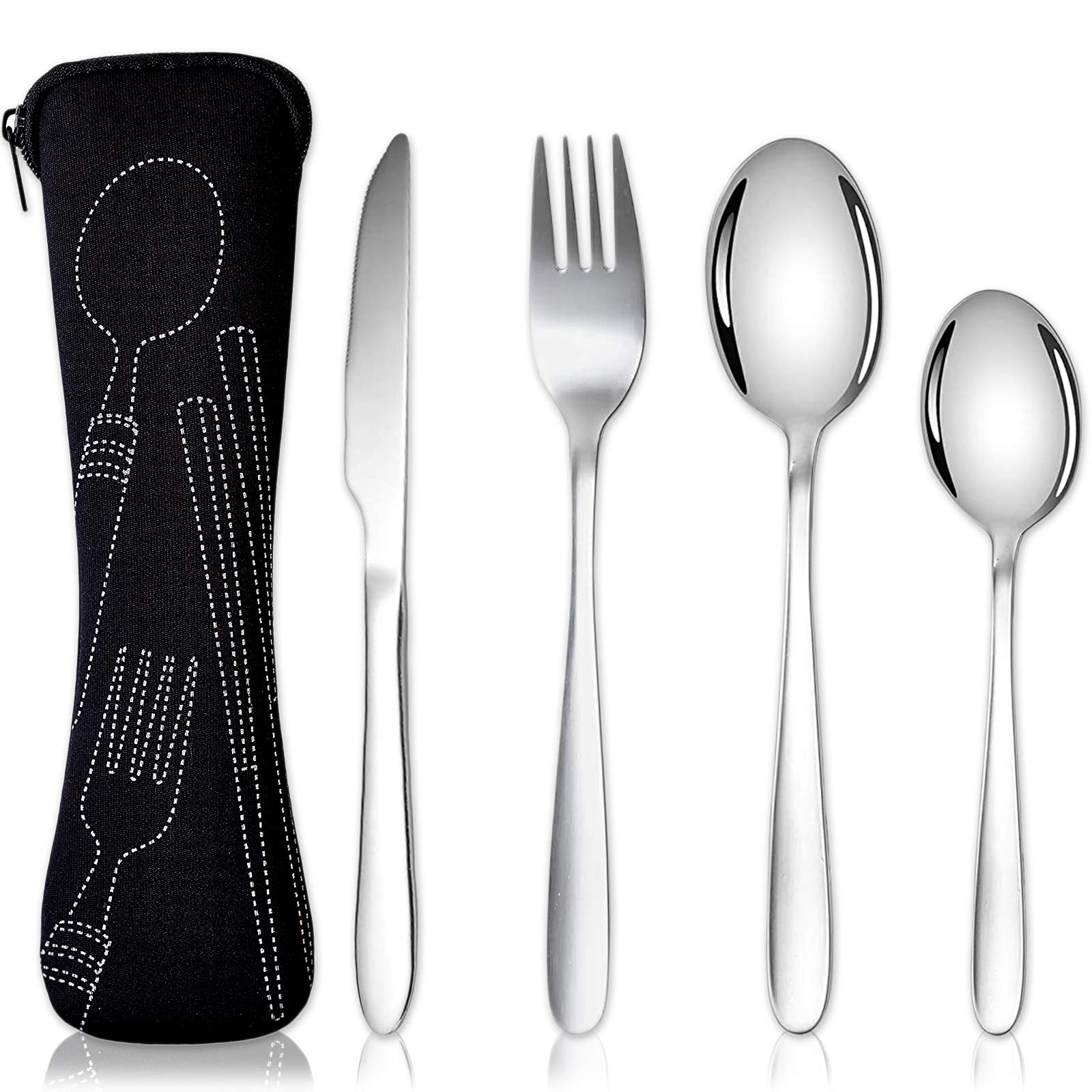 Acehome Cutlery Set with Portable Pouch Case, Stainless Steel Flatware Camping Utensil Set with Neoprene Bag for Outdoor Travel Picnic Office School Lunch Box (4 Pcs Black)