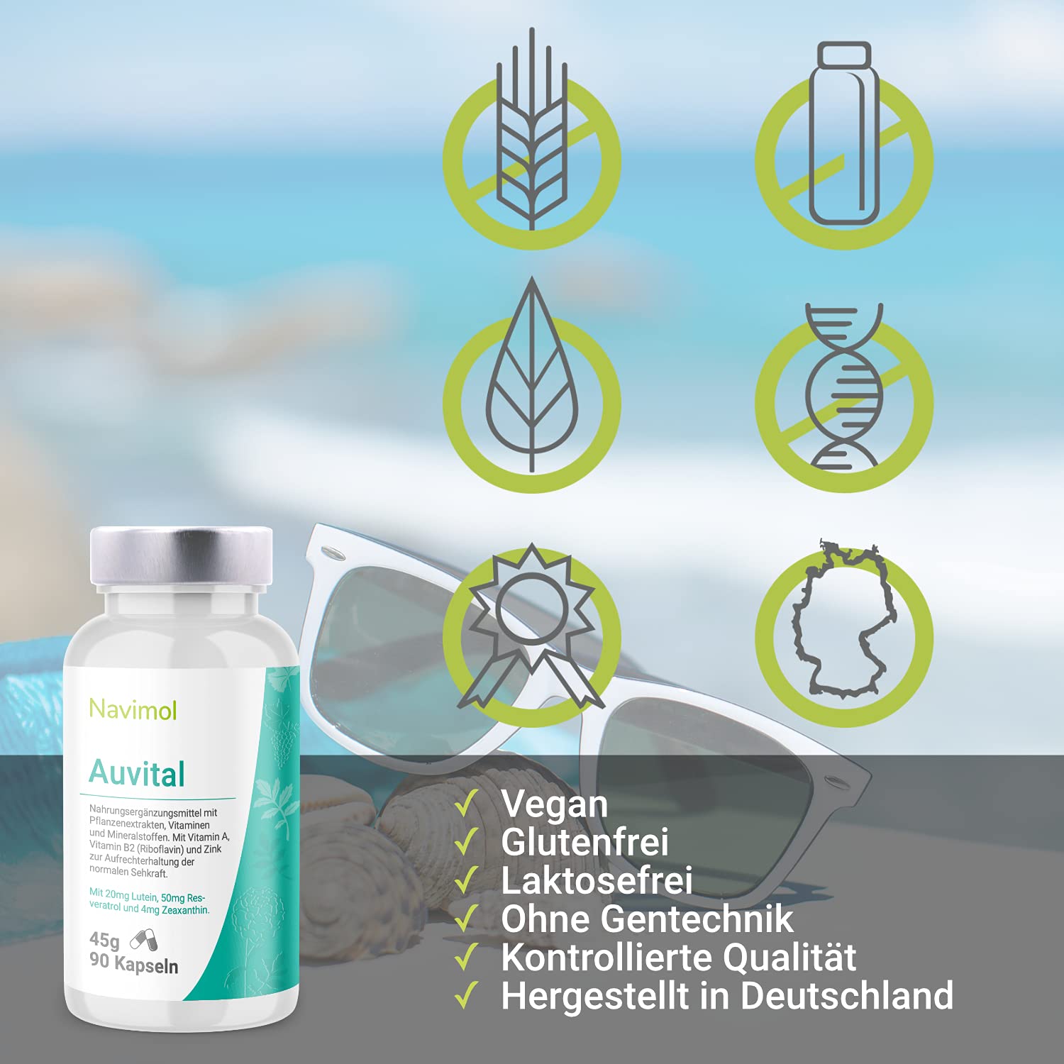 Auvital - 90 Kapseln | Nahrungsergänzungsmittel: Mit Vitamin A, Vitamin B2 (Riboflavin) & Zink zur Aufrechterhaltung der normalen Sehkraft | 20mg Lutein | 50 mg Resveratrol | 4mg Zeaxanthin