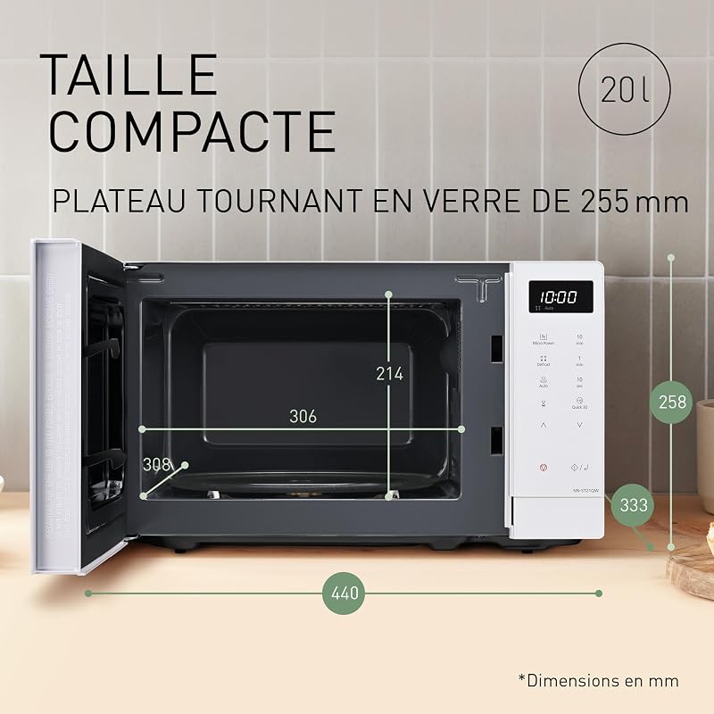 NN-ST21QWEPG Four Micro-Ondes Solo 20L avec Plateau en Verre, 800W, Décongélation Automatique, 11 Programmes Automatiques, Affichage LED, 5 Niveaux de Puissance, Minuterie Numérique, Blanc