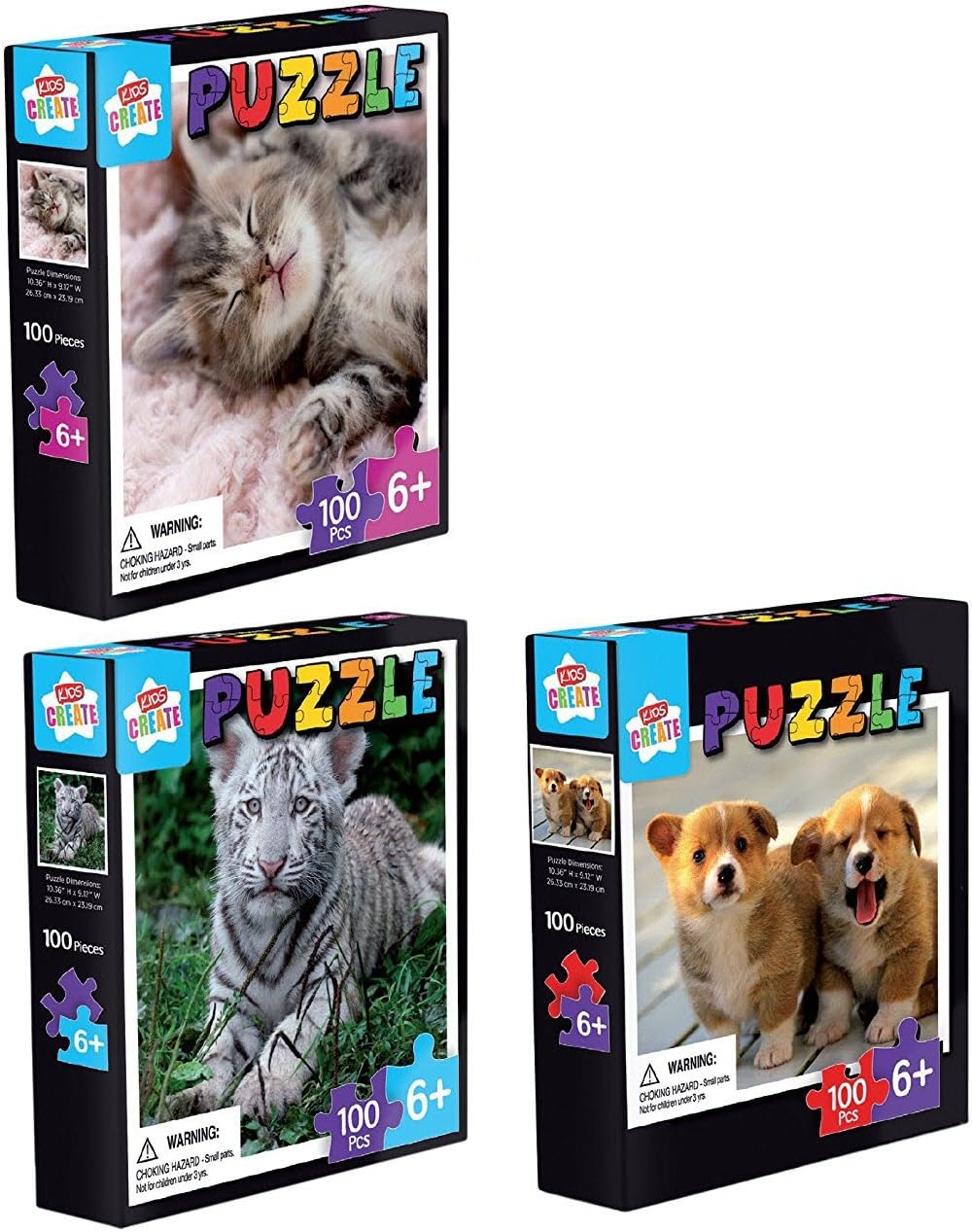 100 Piece Jigsaw Puzzles for Kids Set of 3 Kids Picture Puzzles Age 6 Cat Puzzle, Puppies Puzzle, and White Tiger Puzzle…