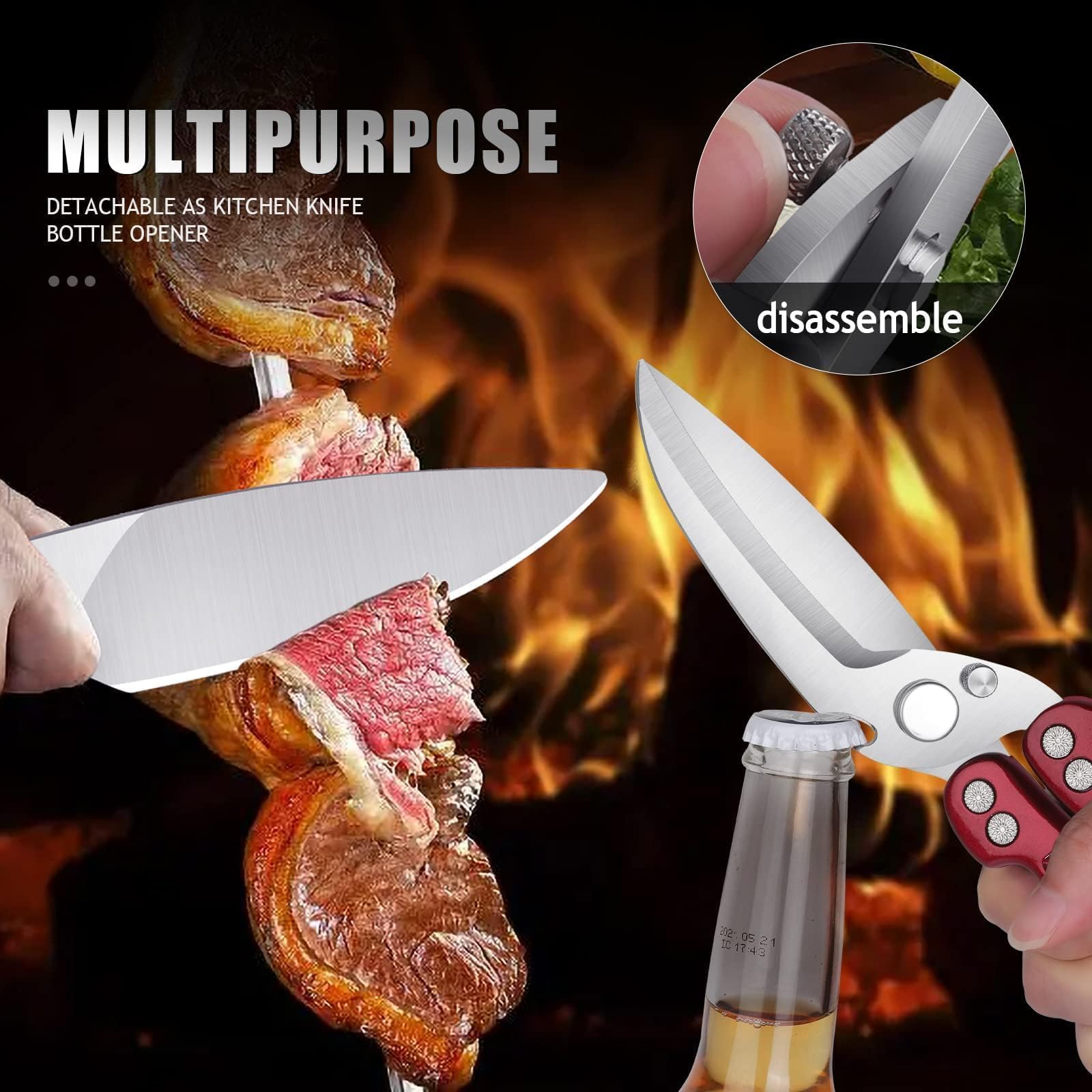 DRAGON RIOT Geflügelschere Abnehmbare, Heavy Duty Fleischschere, Mehrzweck-Küchenschere zum Schneiden von Knochen, Fleisch, Geflügel, Gemüse, Meeresfrüchte und Pizza, Knochenschere Rot 7