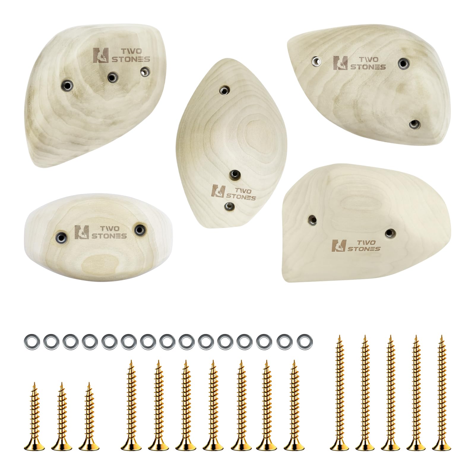 TWO STONES Wooden Rock Climbing Holds for Adults | Wood Rock Wall Climbing Holds for Gyms | Variety Screw On Climbing Hand Holds Set with Mounting Hardware