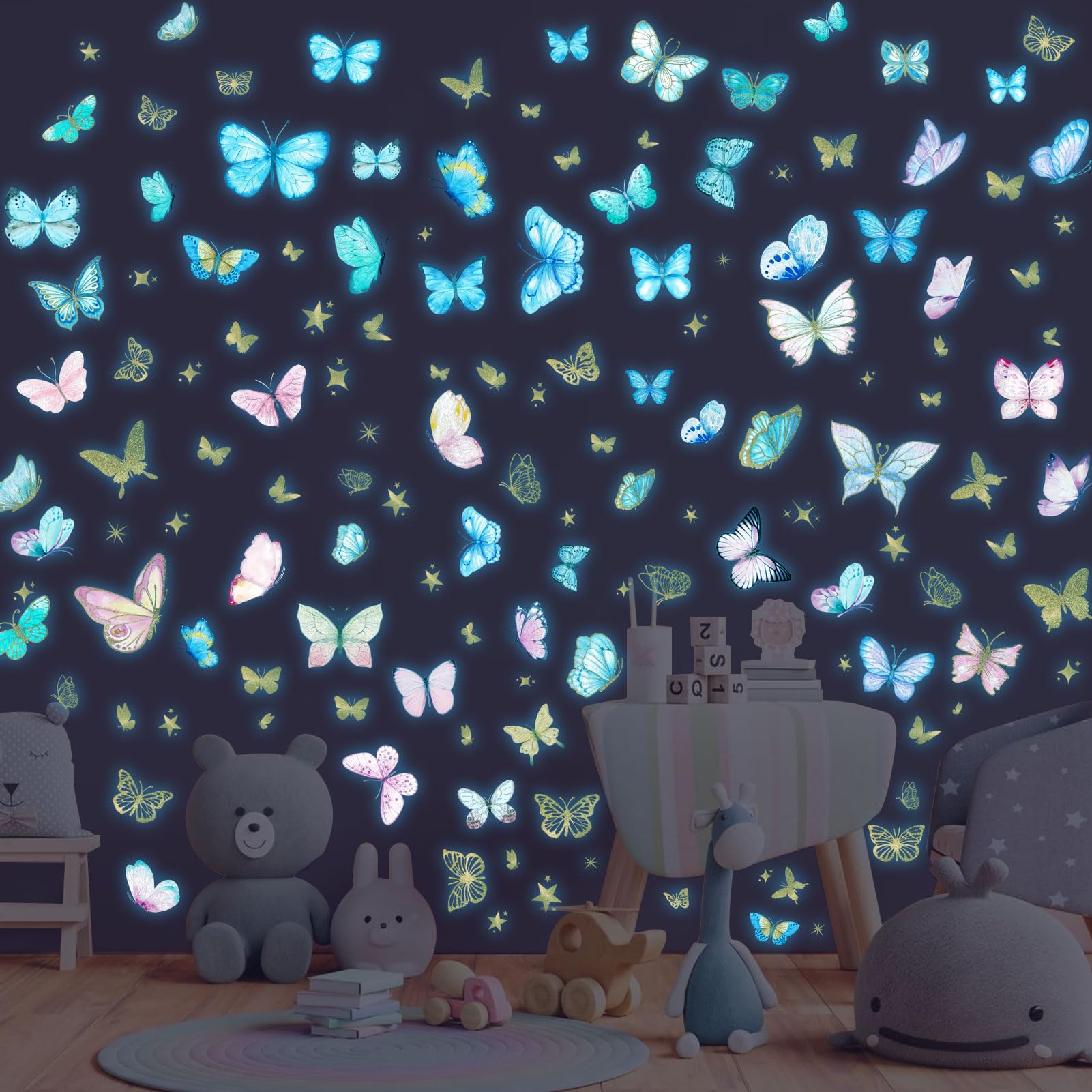 Tarklanda Luminous 3D Glow in The Dark Butterfly Wall Decors Removable Butterfly Wall Stickers Girls Bedroom DIY Art Crafts Decor Decal Nursery Living Room Bedroom Home Decors, Goldbutterfly
