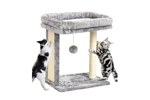 SYANDLVY Cat Tree with Scratching Post for Indoor Cats, Scratching Board with Perch, Cat Post Scratcher with 2 Dangling Balls, Great for Kittens, Grey
