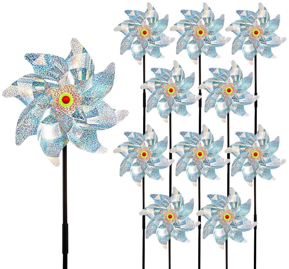 10 Pack Reflective Bird Repellent Windmill,Pinwheel Birds Deterrent Hanging Device Sparkly Silver Spinners to Keep Birds Away From Your House,Window,Garden,Farm