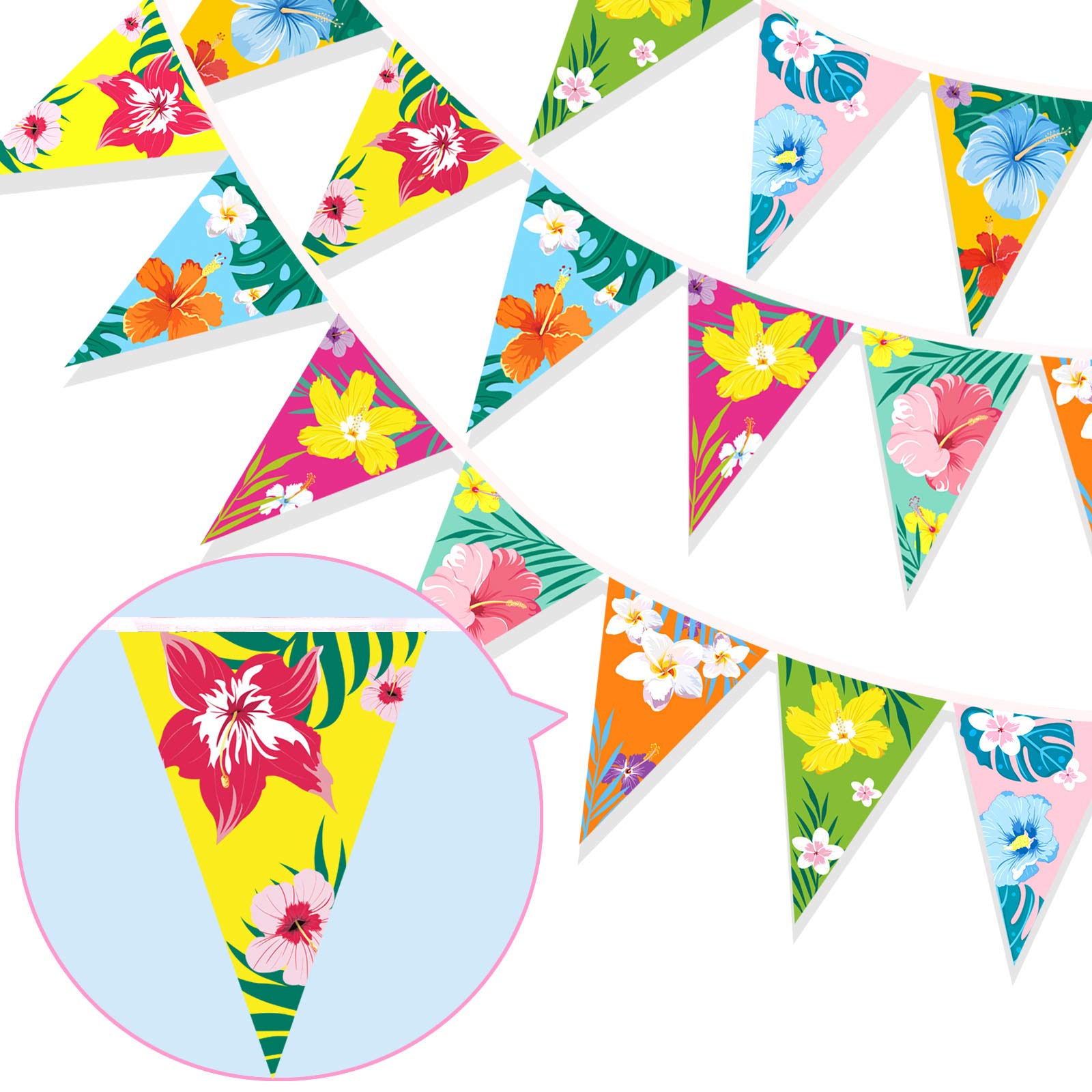 HOWAF Hawaiian Bunting Banner Luau Tropical Party Bunting Hibiscus Yarn Bunting Flag Triangle Banner for Indoor Outdoor Summer Luau Tiki Pool Cocktail Beach Birthday Party Decoration Supplies