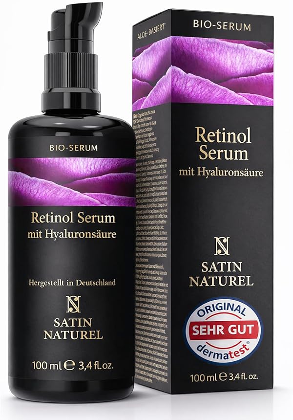 Satin Naturel Retinol Serum 100 ml – Anti-Aging & Anti-Falten Gesichtsserum – Mit Retinol, Hyaluron, Niacinamid & Bio Aloe Vera – Vegan & Naturkosmetik – Für Ebenmäßige, Strahlende Haut