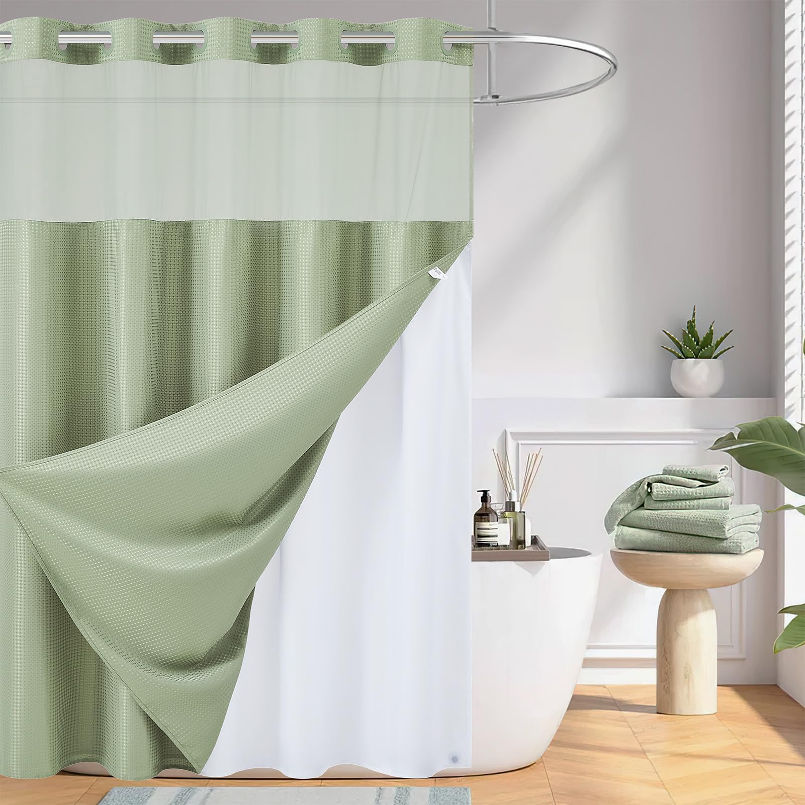 Furlinic Waffle Weave No Hook Shower Curtain with Snap in Liner,Honeycomb Textured Bathroom Curtains with See Through Top Window,Waterproof & Machine Washable,Hotel Quality,Sage Green,71x84 Inch Image
