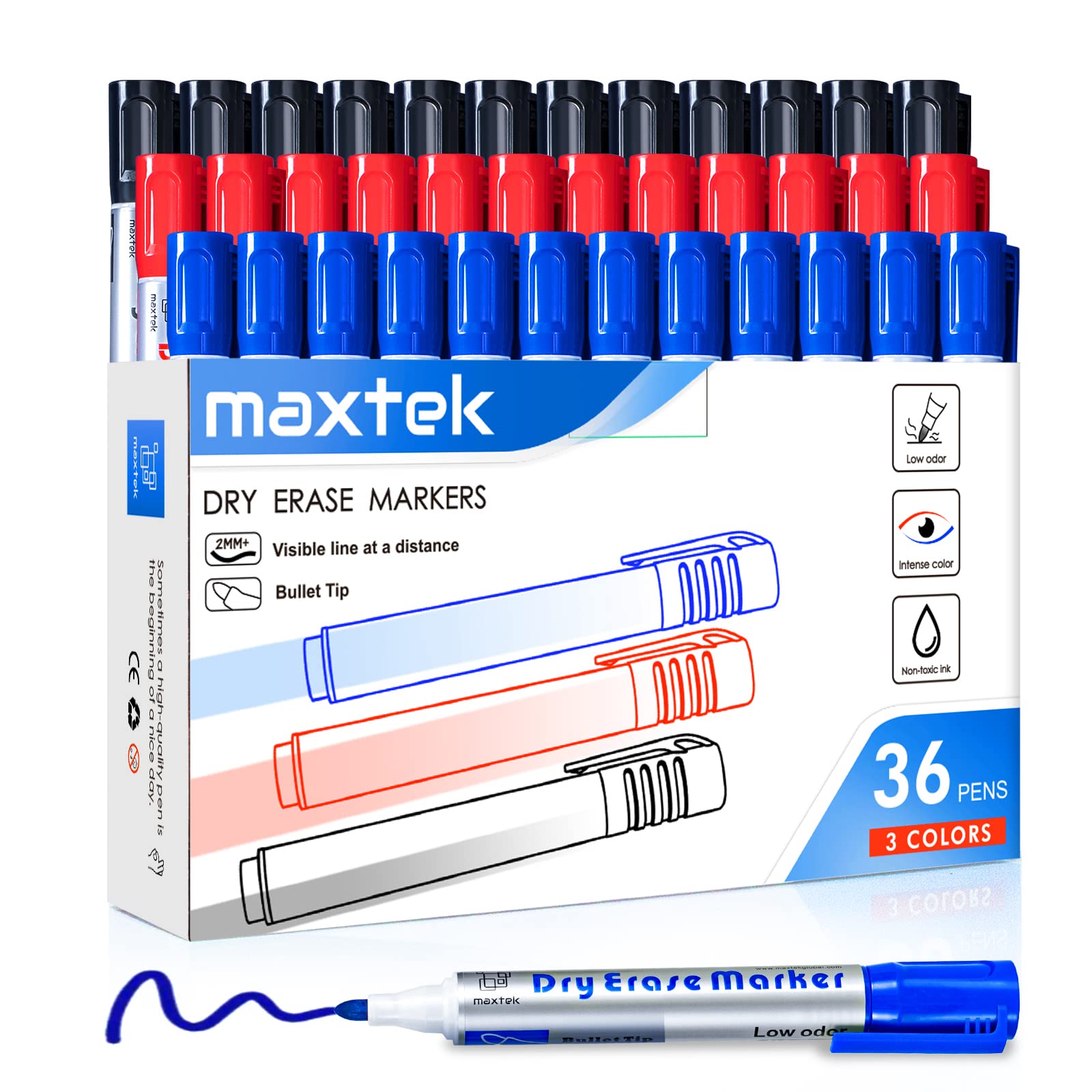 maxtek Whiteboard Pens Markers, 36 Count Whiteboard Markers Pens Erasable, Bullet Tip Black Blue Red 3 Assorted Colors, 2-3mm, Office & Classroom Teaching Supplies