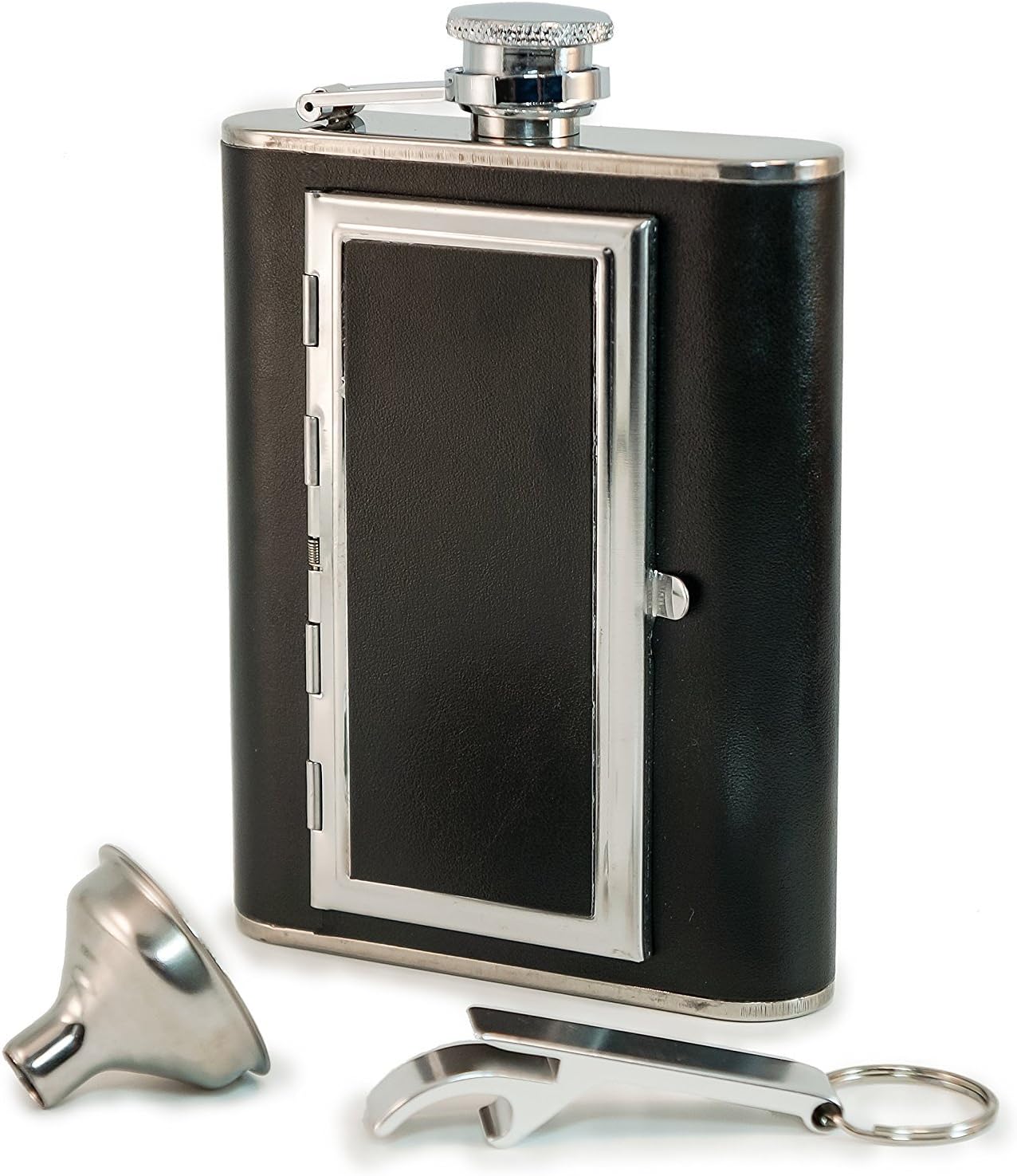 Perfect Pregame Flask - Cool 6 oz Stainless Steel and Leather Alcohol Flask with Compartment/Cigarette Case - for Men and Women - Drinking Flask for Liquor and Smokes