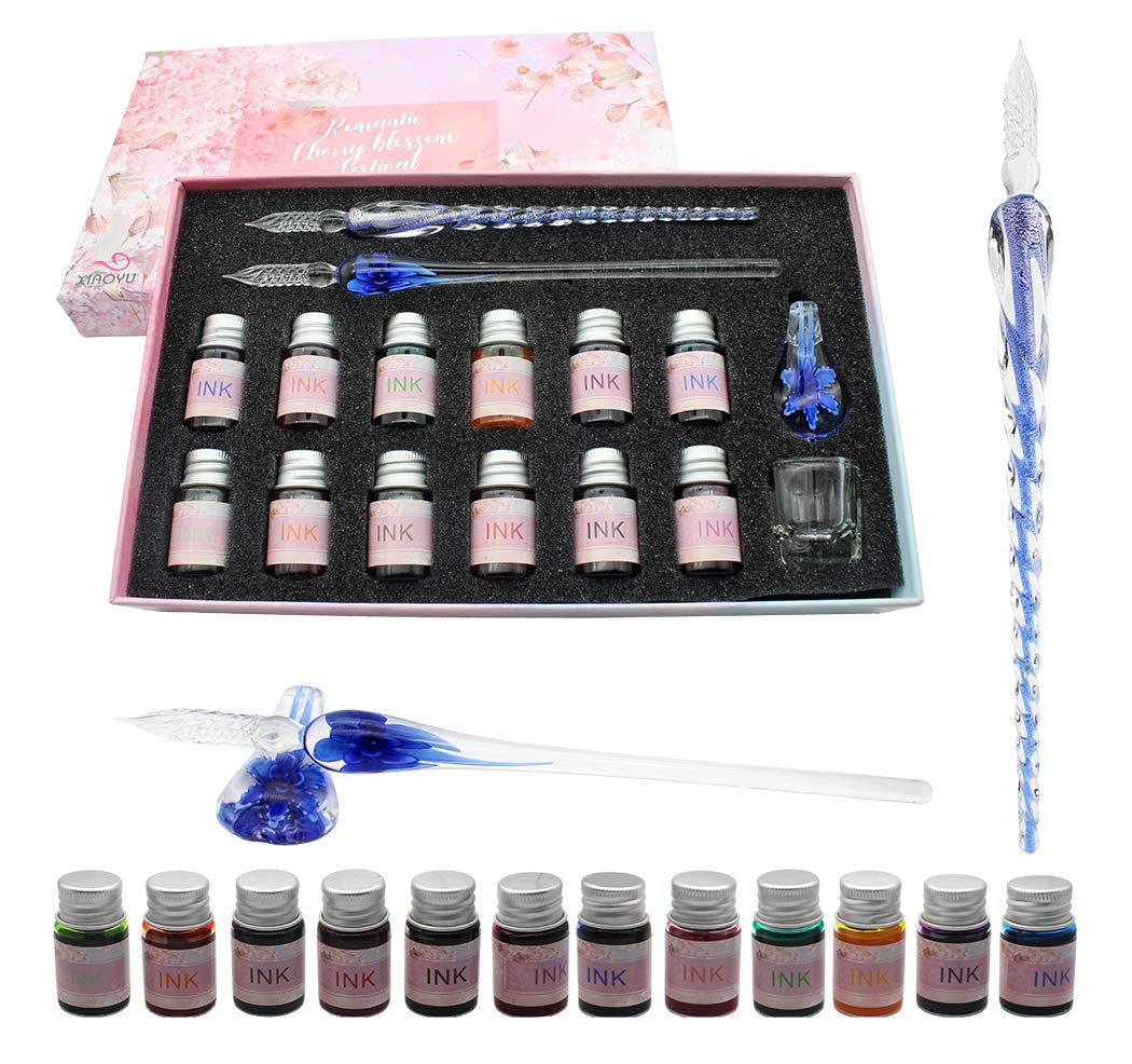 XIAOYU Glass Dip Pen Ink Set, 16 Pieces Calligraphy Pens Set - 12 Colorful Inks, Pen Holder, Cleaning Cup, 2 Crystal Glass Pens for Art, Writing, Drawing, Signature - Dark Blue