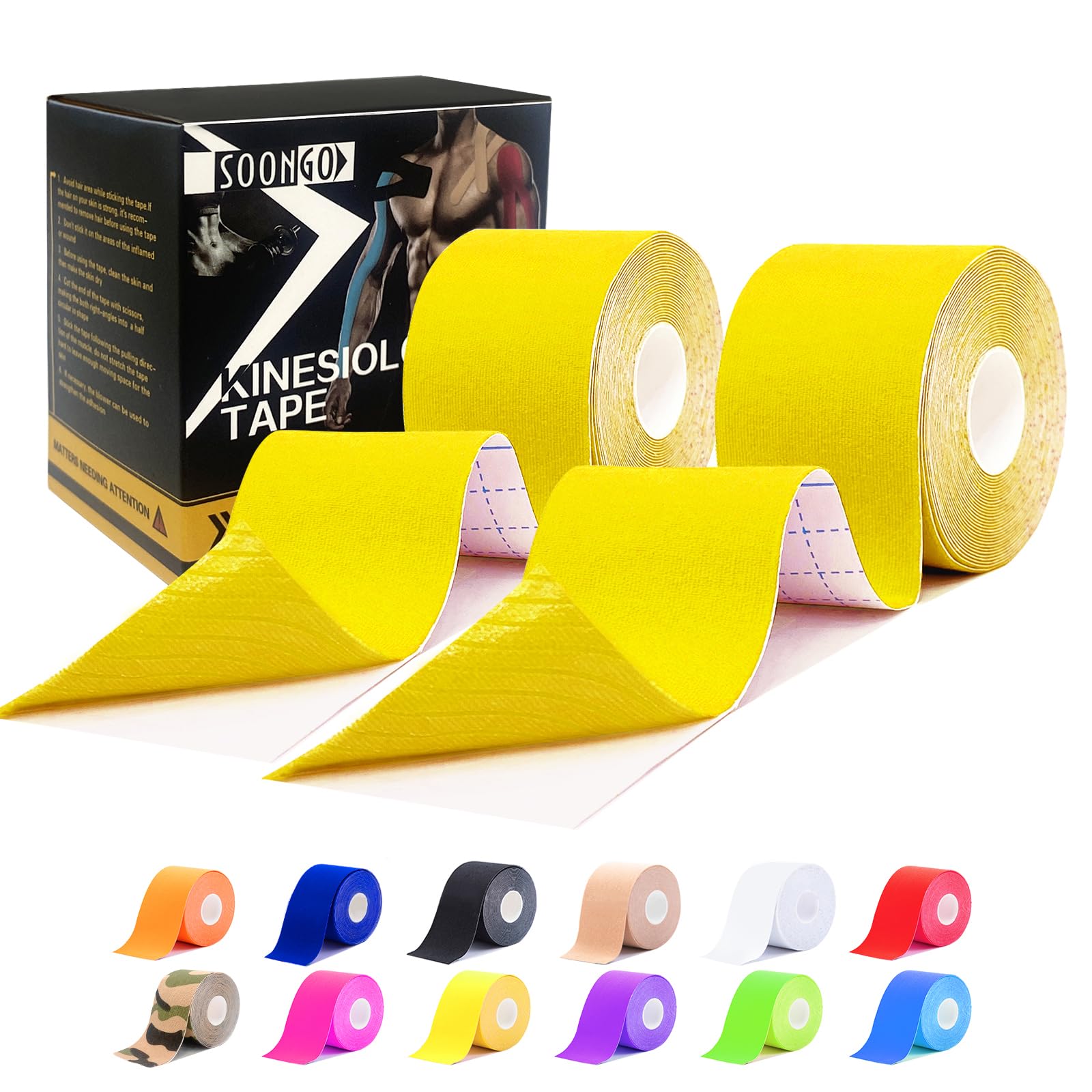 Kinesiology Tape Rock Tape Physio Tape 5m roll, Elastic Therapeutic Sports Tape for Shoulder, Ankle, Elbow, Wrist, Knee Support, Waterproof Physiotherapy Body Tape for Muscle Pain by SOONGO (Yellow)