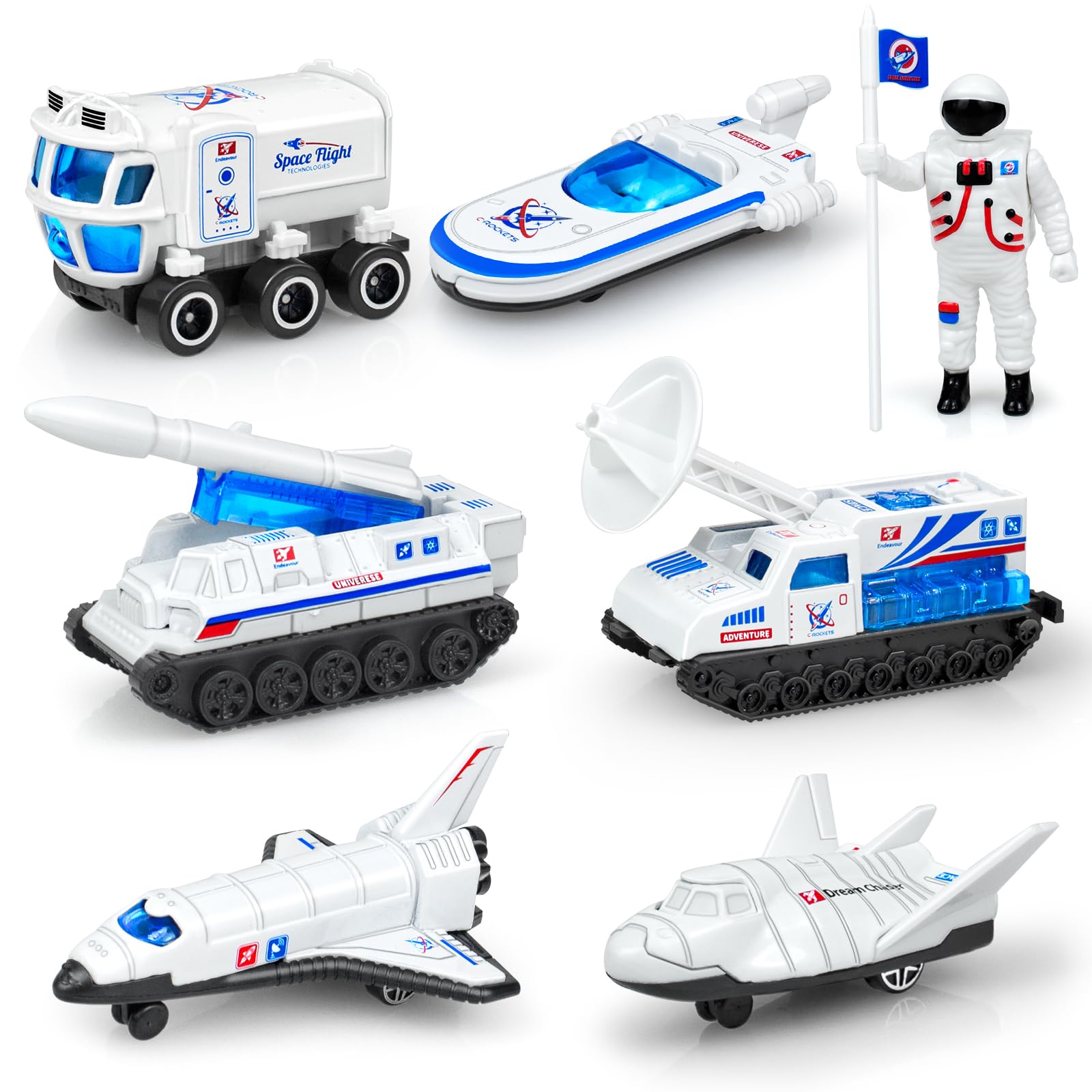 Tcvents Diecast Space Toys Car for Kids 3 4 5 6-9, 7 Pack Rocket Ship, Explorer, Space Shuttle Planet Toy with Astronaut Figure Spaceship Rocket Playset for Boys Girls Birthday Gift — image 1