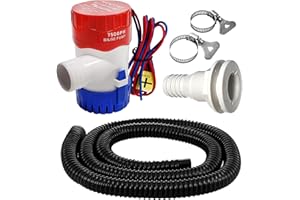 CAMNWAMN 3/4 Inch Outlet Dia Bilge Pump Kit, 6.5 ft Hose, 12v 750 GPH Water Pump, Premium Quality Kinkfree Flexible PVC Hose, Package Include Thru Hull Fitting and 2 Stainless Steel Clamps