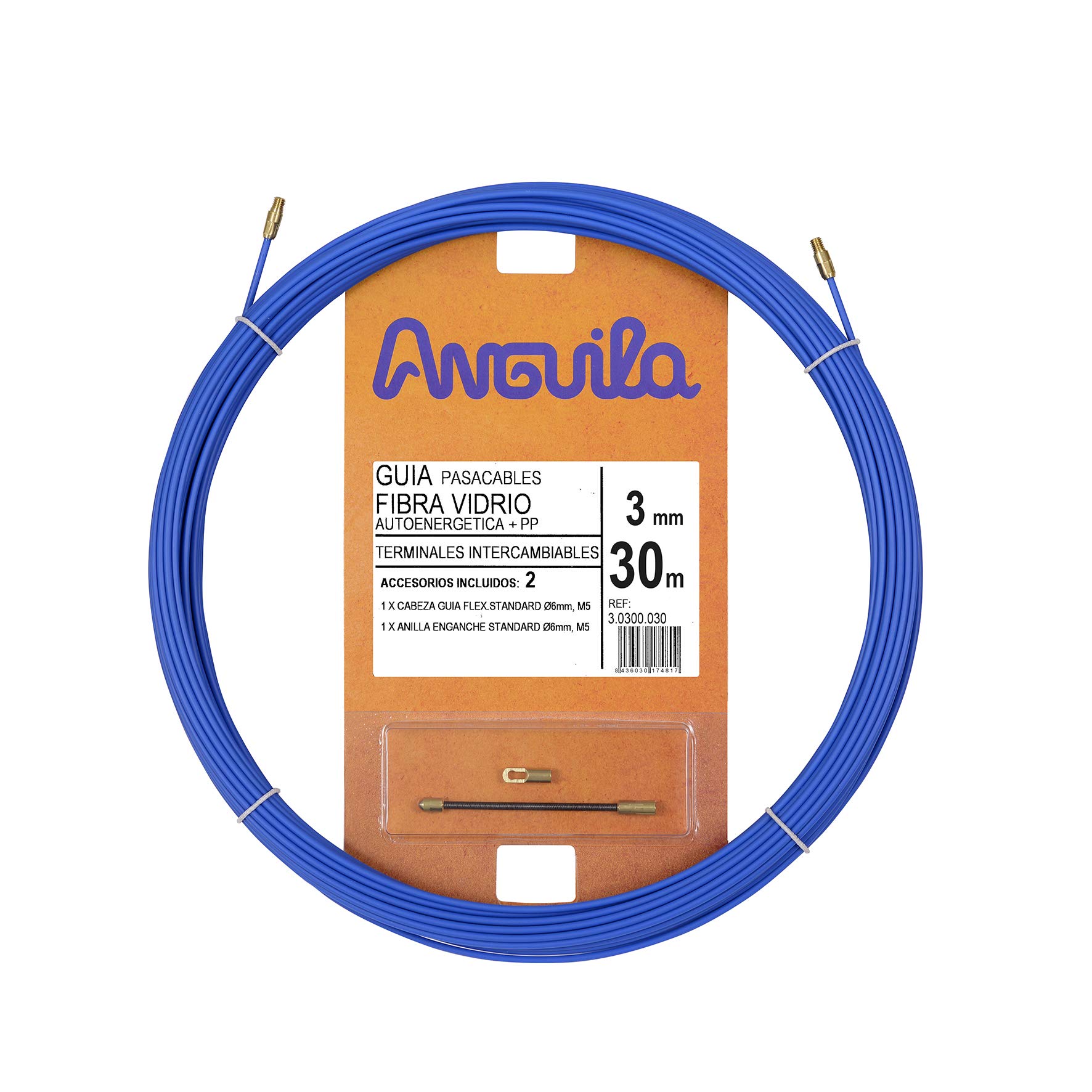 Anguila Fibreglass Reinforced + Propylene-Reinforced Cable Guide, Interchangeable Clamps, Blue Colour, 3 mm Diameter, 30 metres