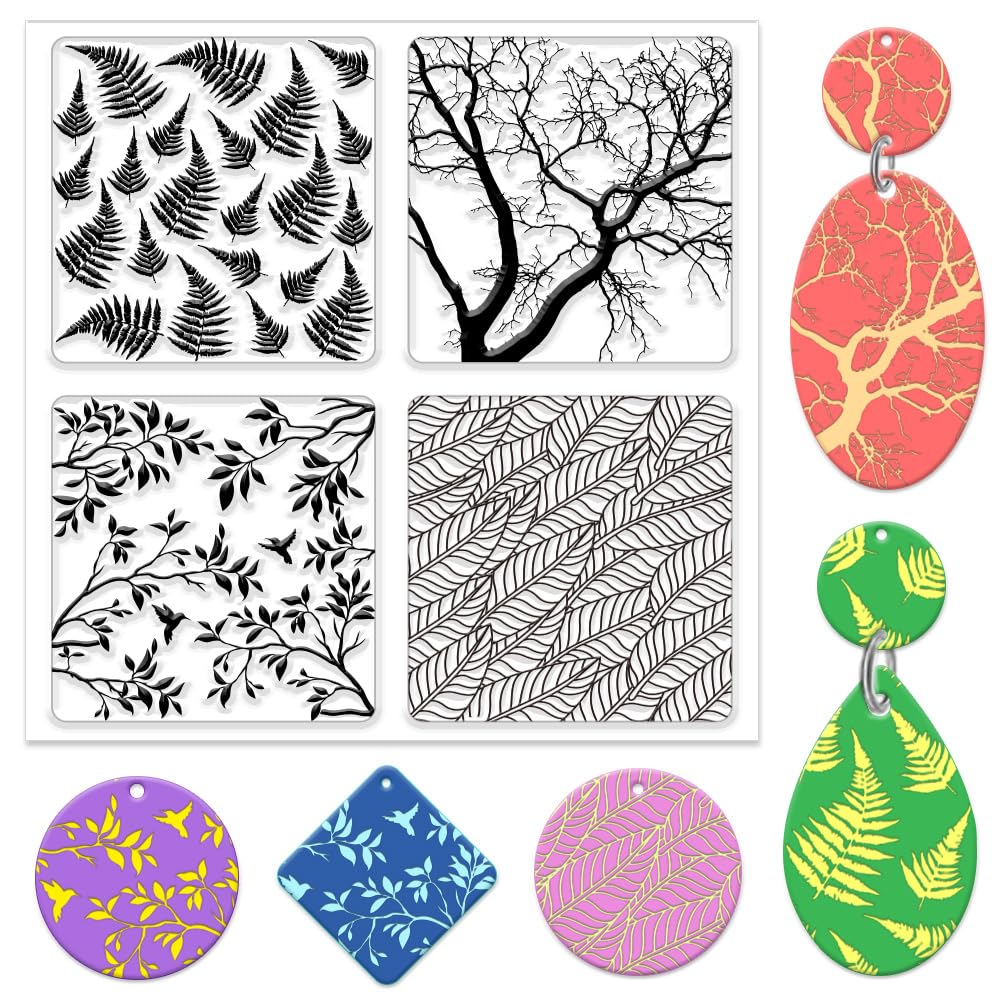 CHGCRAFT Fern Branches Leaves Polymer Clay Texture Sheets Plants Clay Modeling Pattern Pad Clay Mat for DIY Jewelry Making Craftwork and Printing Patterns Polymer Clay Earrings Tools, 5.5x5.5inch