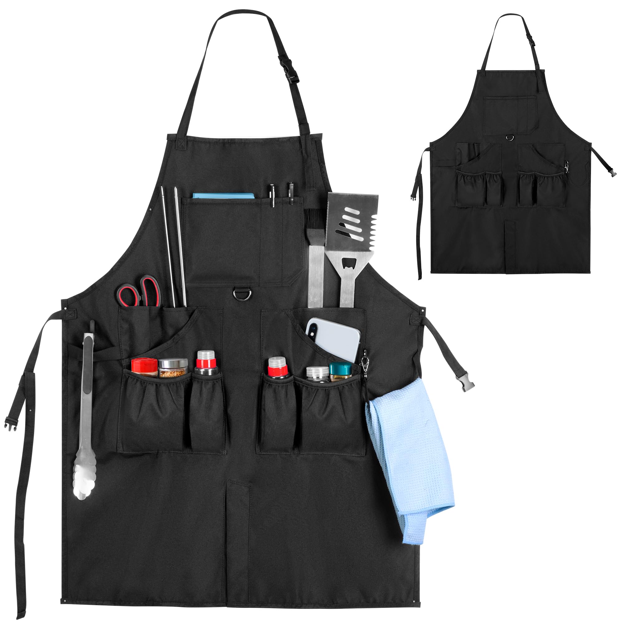 HODRANT BBQ Grilling Apron with Pockets & Slit Hem, Adjustable Neck & Waist Straps for Men & Women, Cooking Apron for Chef, Painter, Carpenter