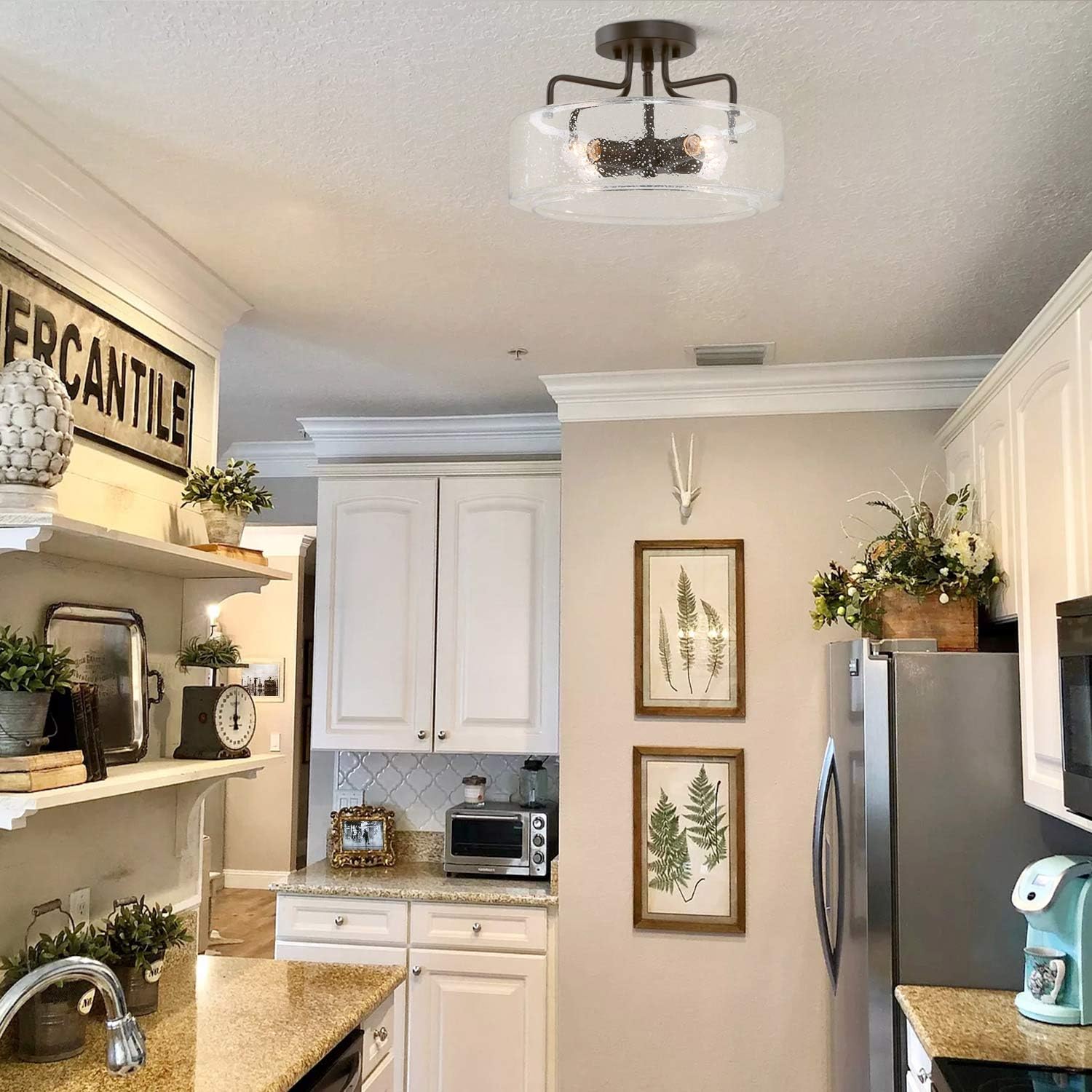 LOG BARN Semi Flush Mount Ceiling Light with Seeded Glass Shade for Living Room Bedroom, Kitchen, Hallway, W12 x H8, Black - - 