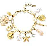 HUAYUNFANG Starfish Shell Charm Bracelet for Women Gold Ocean Pearl Charm Bracelet Adjustable Shell Bracelets Mermaid Jewelry