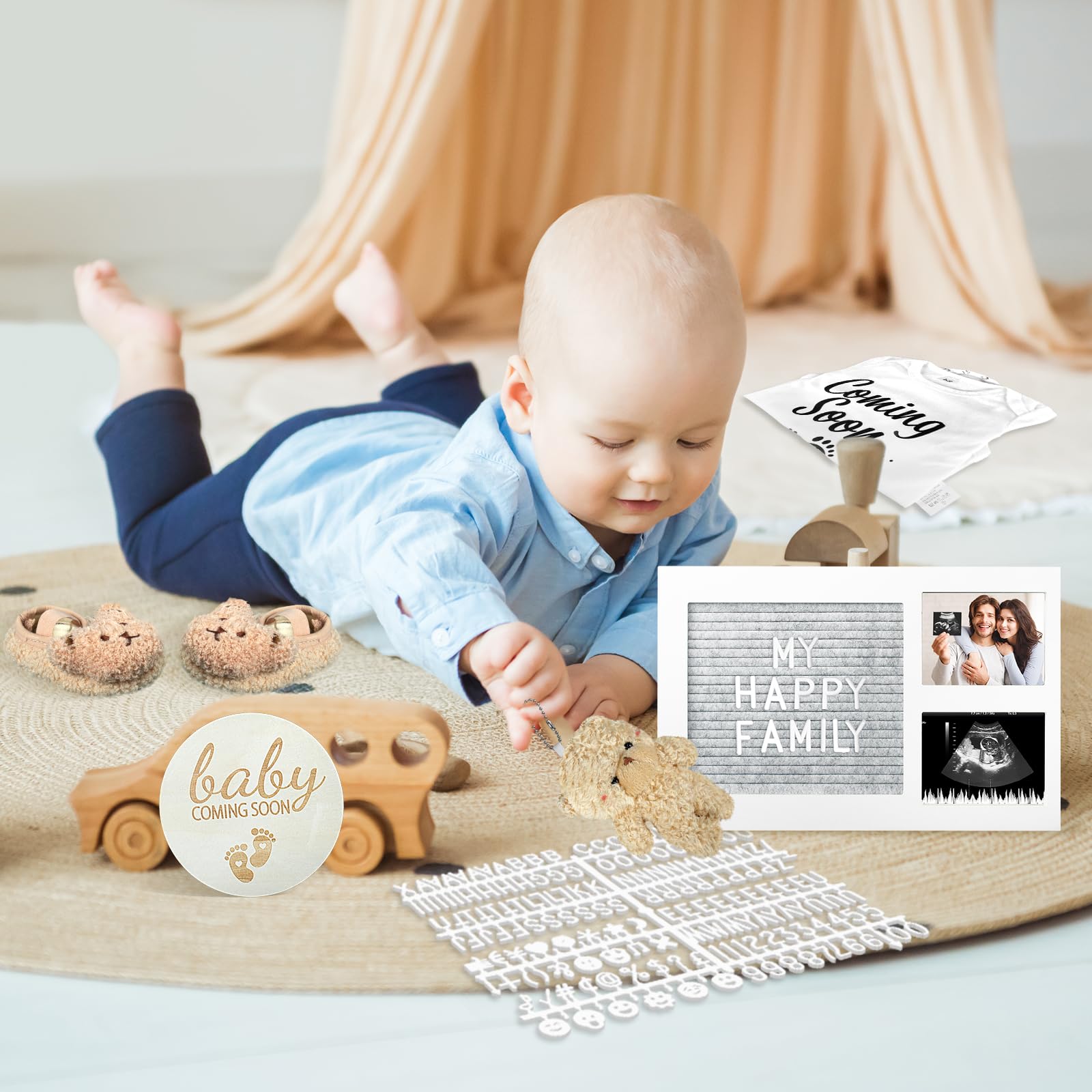 Pregnancy Reveal Kit - Felt Letter Board, Baby Bodysuit, Booties, Photo Frame, Bear Plush, Wood Blocks for Baby Announcement