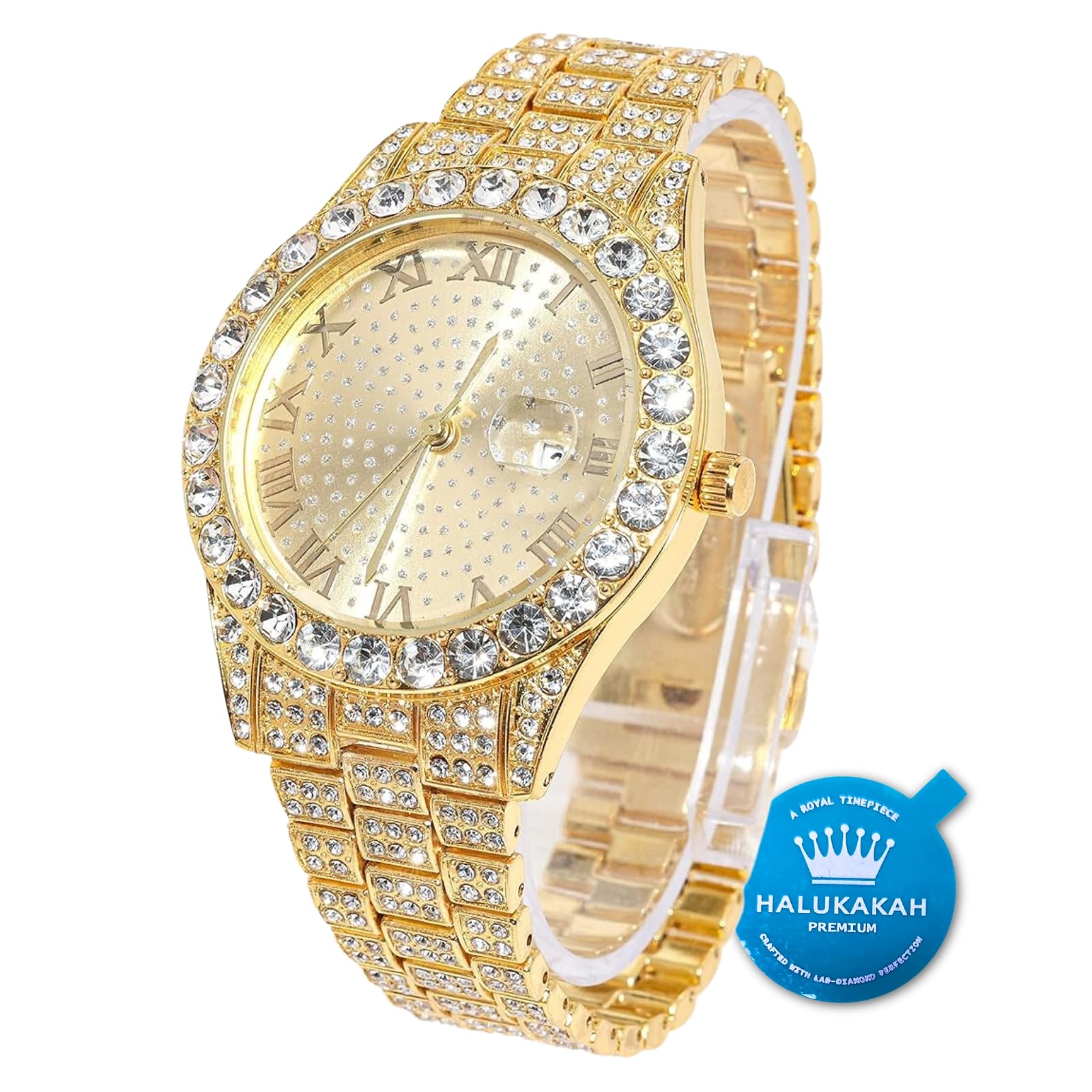 Halukakah Men's Diamond Gold Watch, 18 K Real Gold-Plated/Platinum White, 42 mm Round Design, Bracelet with Hand-set Laboratory Diamonds (24 cm), Cuban Link Chain (20 + 45 cm Necklace Bracelet) with