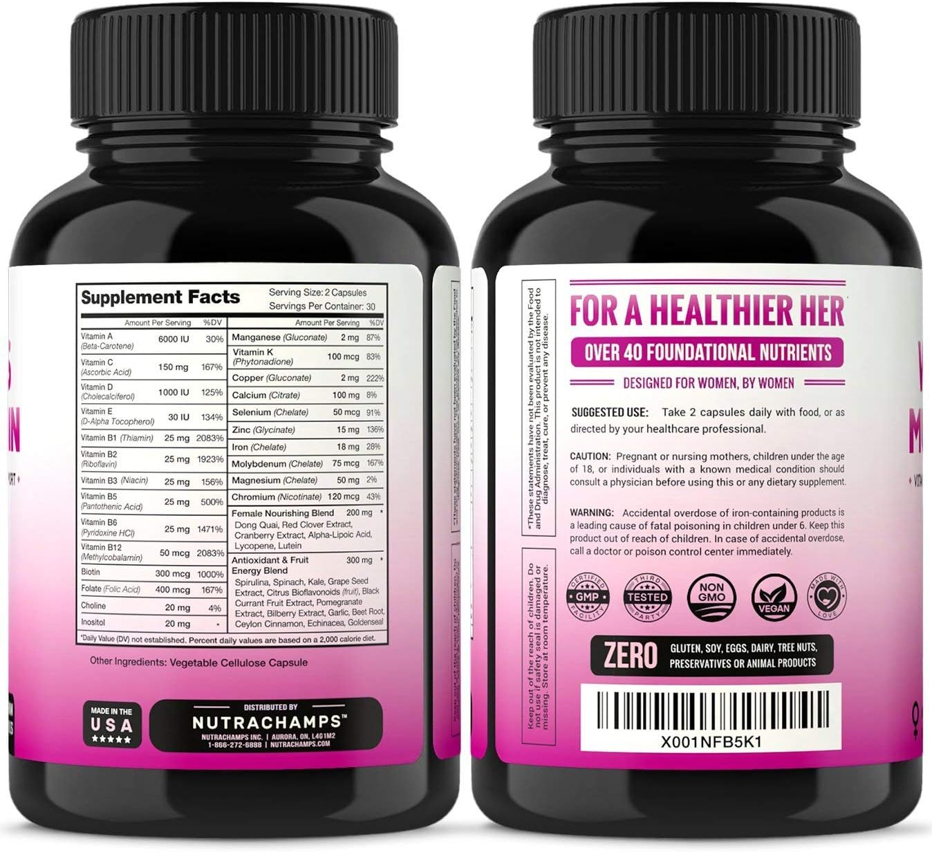Women's Daily Multivitamin Supplement - Vegan Capsules with Biotin