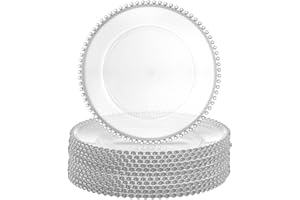 Lawei 12 Pack Round Charger Plates with Bead Rim, 13 Inch Plastic Clear Serving Plates Decor Dinner Plates for Party Wedding 