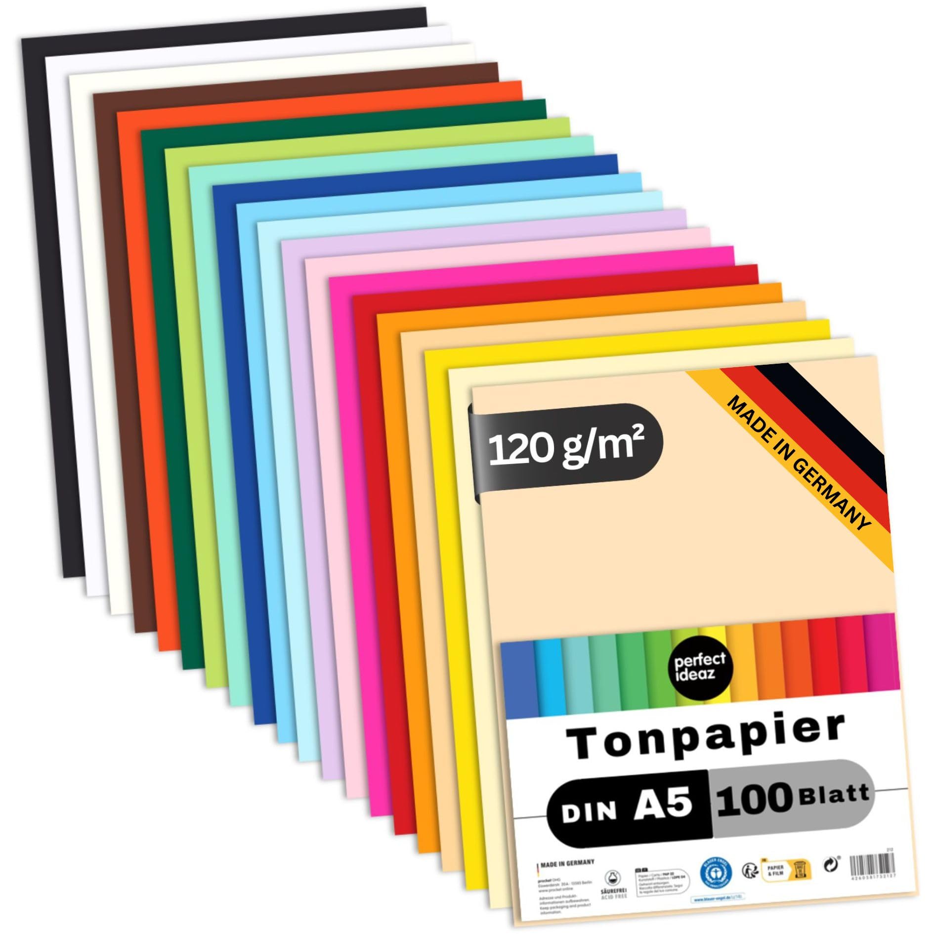 perfect ideaz 100 Sheets Tinted Drawing Paper, A5 Size (5.83 x 8.27 in), Tone Coloured Paper, in 20 Different Solid Colours, 120 g/m², Quality Sheets