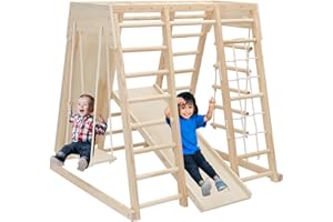 EDOSTORY 7 in 1 Pikler Indoor Playground Jungle Gym Playset, Wooden Montessori Climber with Slide, Rock Climb Wall, Monkey Bars, Rope Ladder, Climbing Rope and Swing for Kids（Natural）