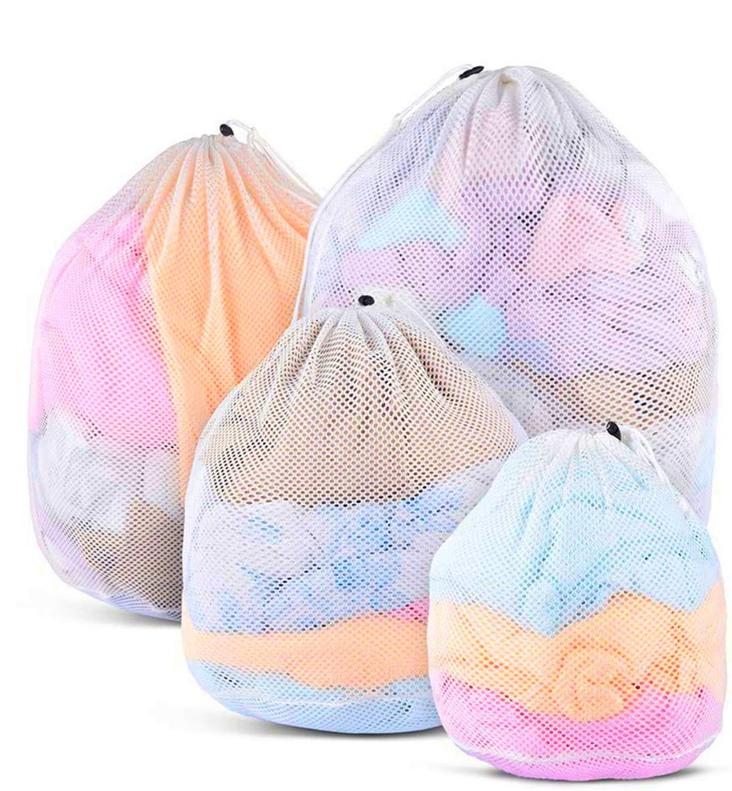 4 Sizes Drawstring Mesh Laundry Bag, 4 Pcs Durable Laundry Net Washing Bag for Travel, Delicates, Bra, Baby Cloths,Toy Storage