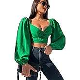 VIDUSSA Women's Puff Long Sleeve Crop Tops Twisted Knot Front V Neck Smocked Shirts Blouses