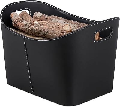 Relaxdays XL Faux Leather Firewood Basket with Handles, Black Log Storage