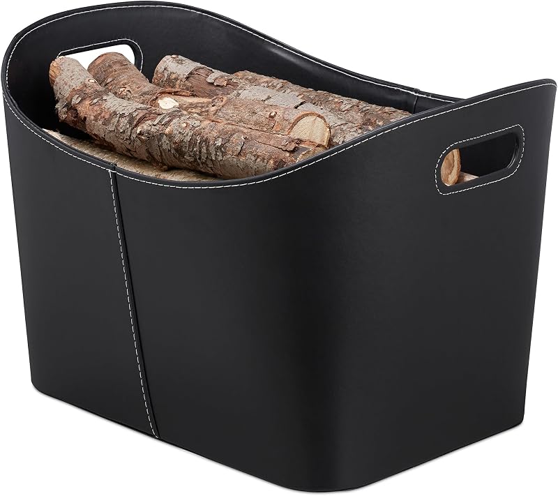 Relaxdays XL Faux Leather Firewood Basket with Handles, Black Log Storage