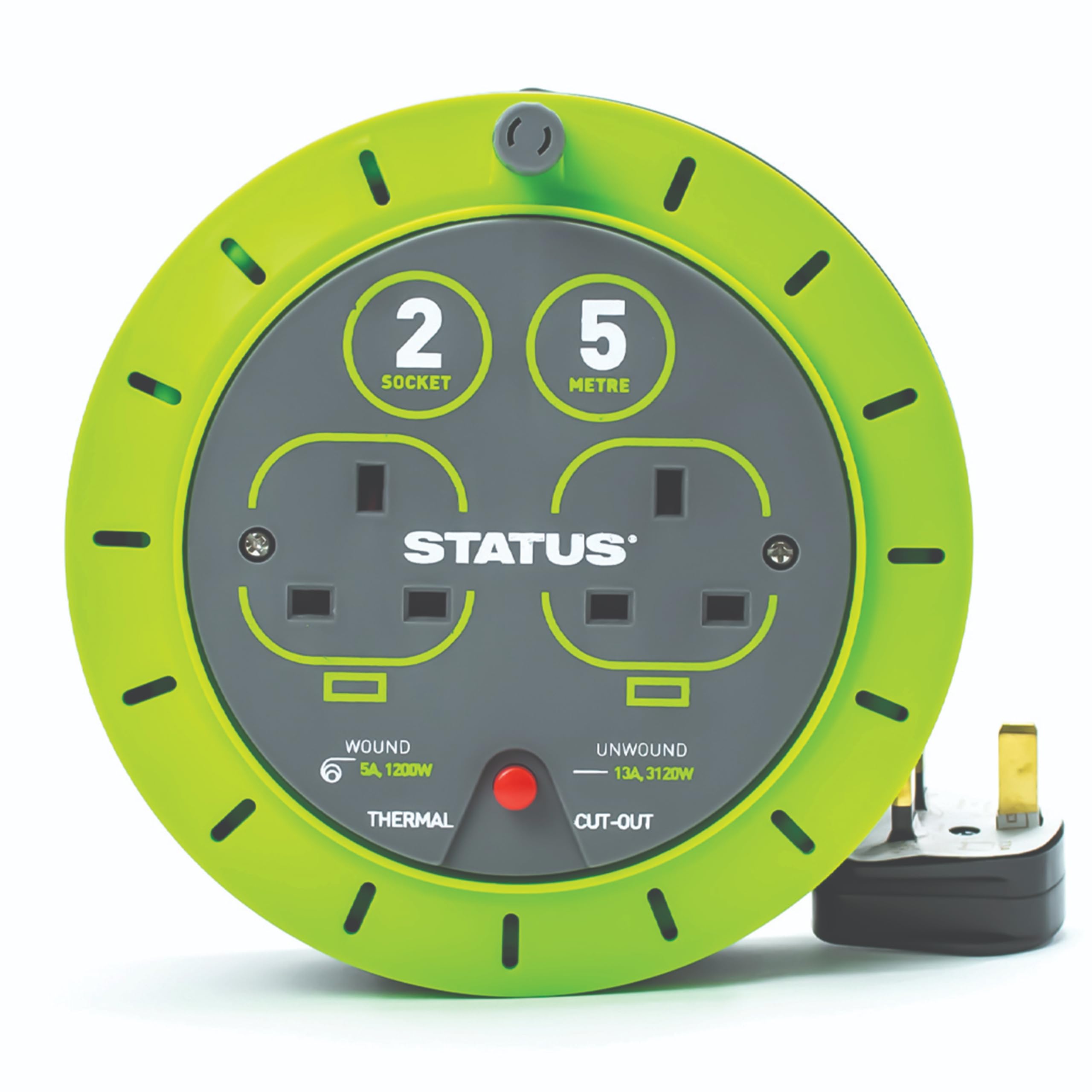 STATUS 2 Socket Cable Reel, 5m Green Extension Lead, 13A with Thermal Cut Out, Heavy Duty Outdoor Extension Lead, S5M13ACR3