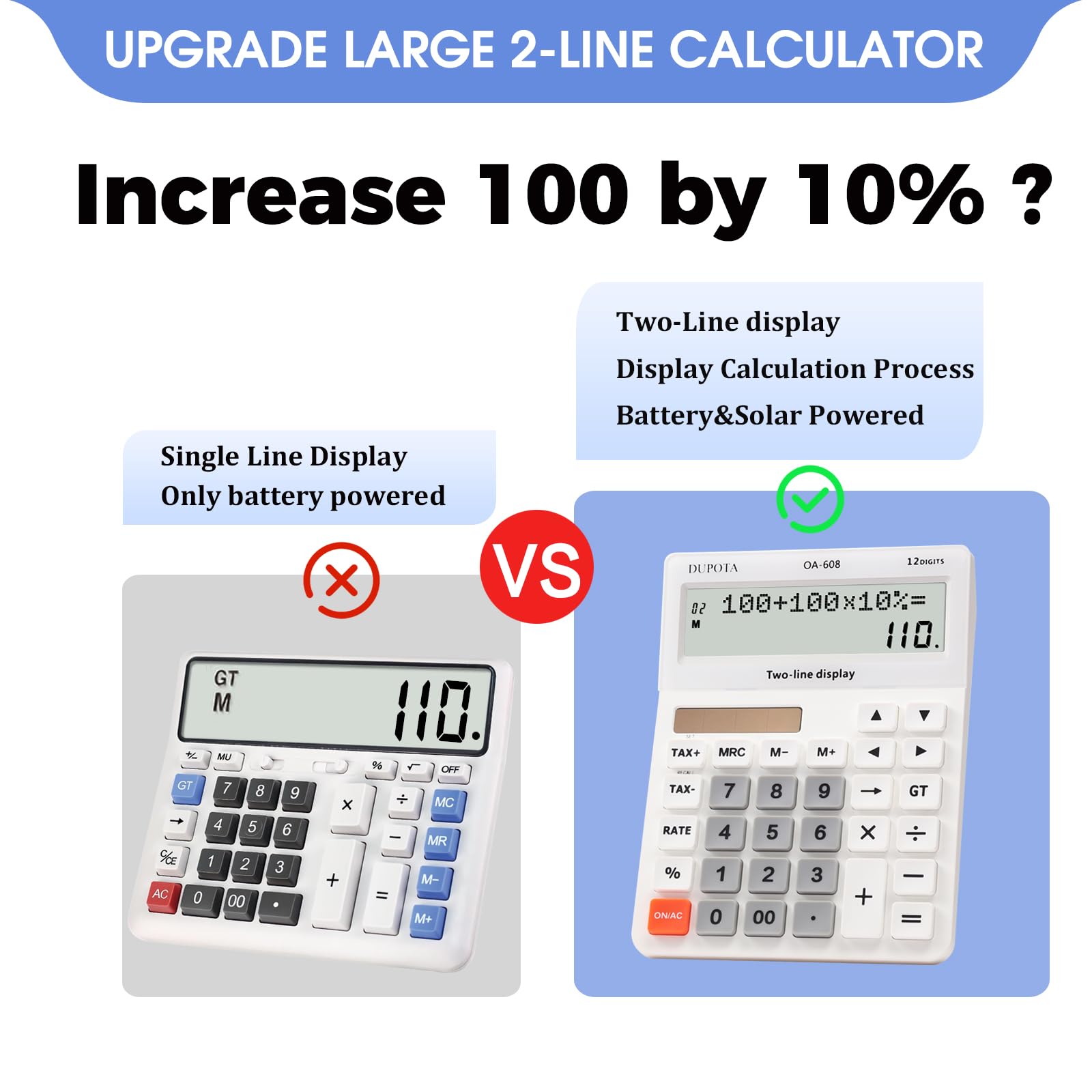 DUPOTA Taschenrechner Tischrechner Große Tasten 2 zeilig Extra Großes Display 12-stelliger Tischrechner Bürorechner Steuerberechnung Große Größe (OA-608) 5