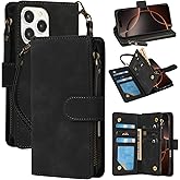 RANYOK Compatible with iPhone 16 Pro Max Wallet Case - PU Leather Wallet Case for iPhone 16 Pro Max with Credit Card Holder RFID Blocking Zipper Pocket [Wrist Strap] Protective Case (Black)