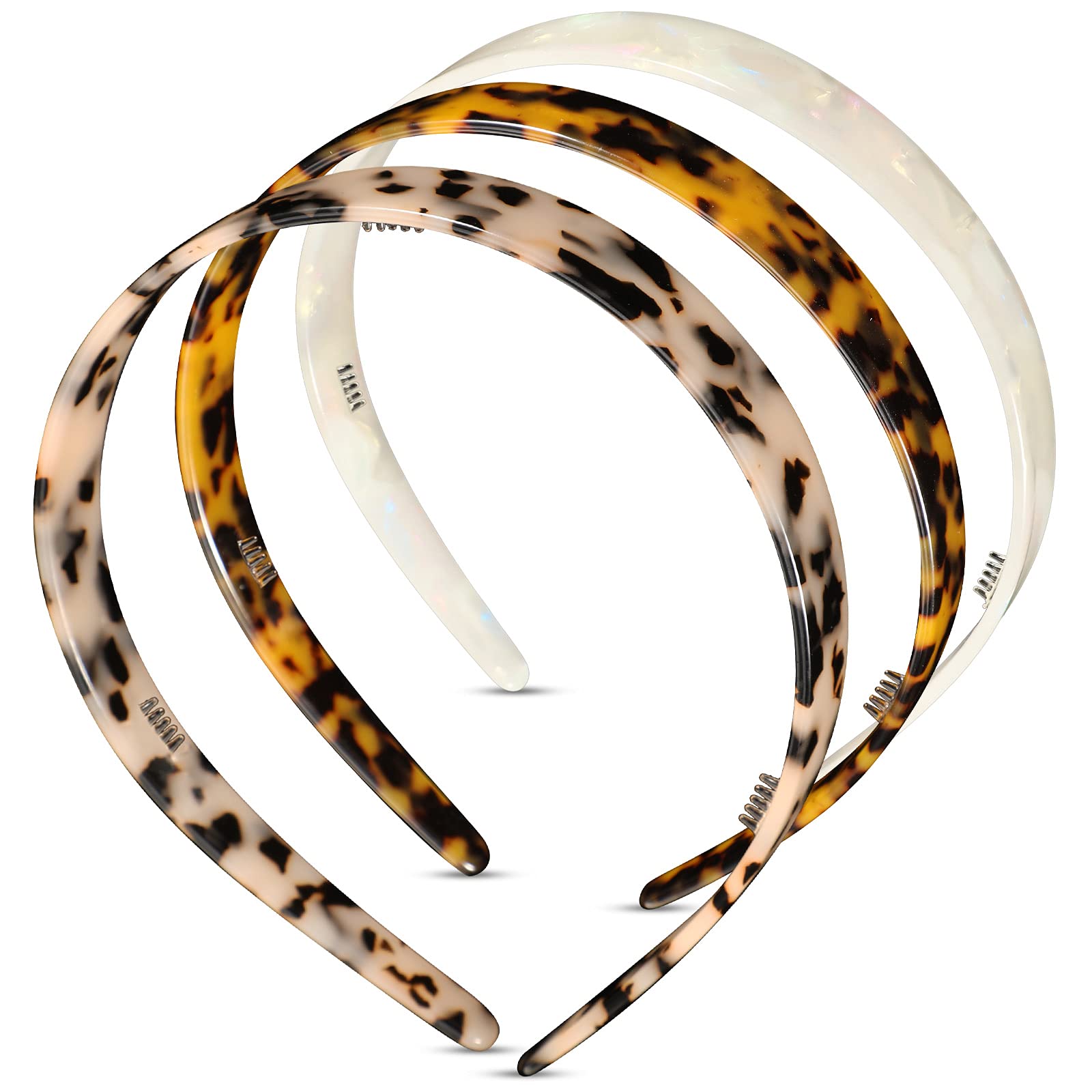 Photo 1 of 3 Colors Tortoise Shell Headband Set: Wide Acetate, Resin, Skinny Thin Headbands with Teeth for Women and Girls (White Laser, Leopard, Ivory)