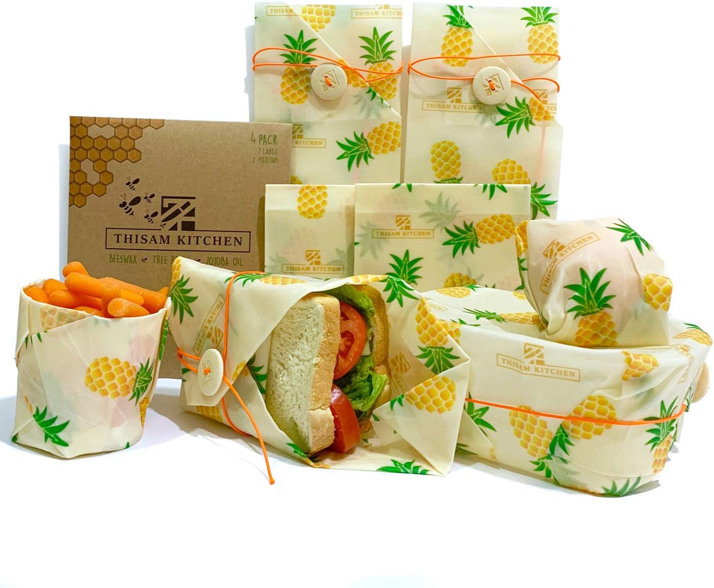 Beeswax Food Wrap by Thisam Kitchen - 4 Pack - Eco Friendly Reusable Food Wrap - Sustainable, Washable, Organic & Perfect For Storage - Food Wrap - BPA & Plastic Free BeesWax Food Wraps - Zero Waste